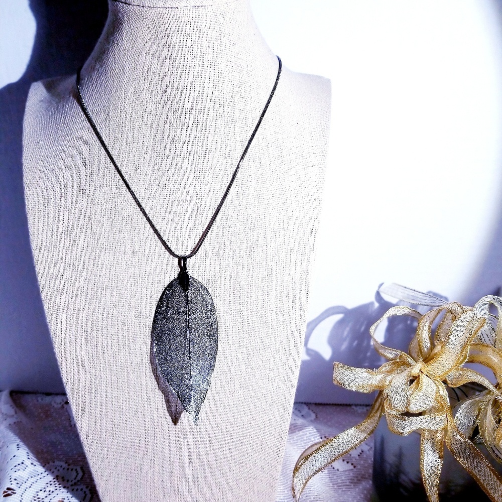 Silver rose gold,black Real Leaf filigree Necklace